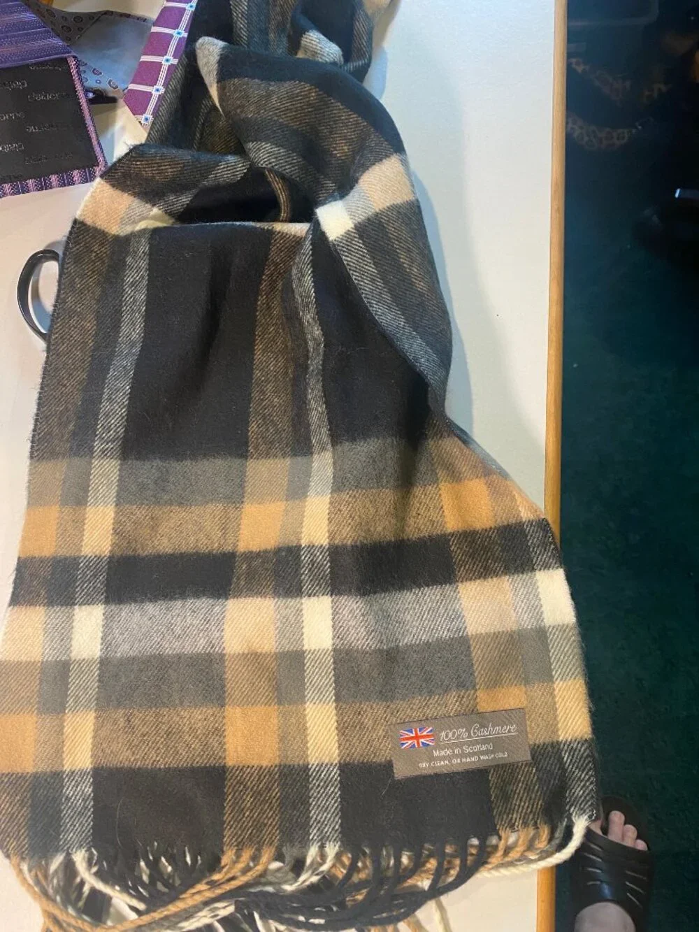 Made in Scotland 100% Cashmere Plaid Scarf 69” x 12” camel, cream, grey, blk